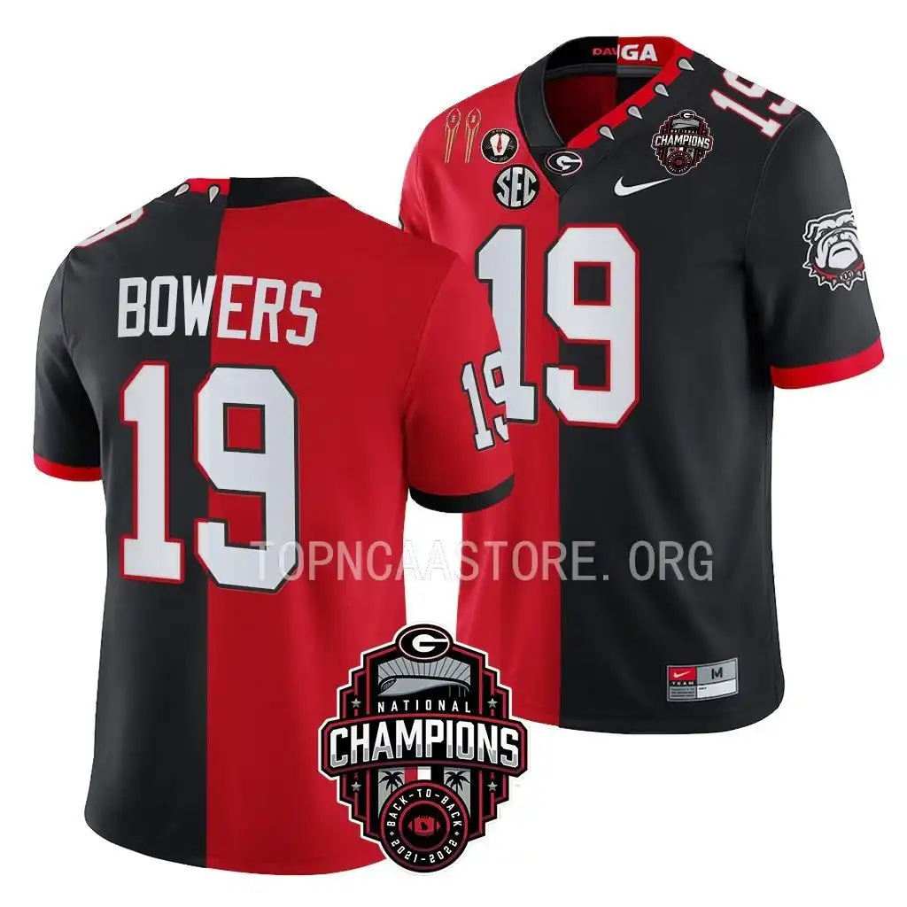 Brock Bowers Georgia Bulldogs Men's #19 Back-To-Back Red College 2X National Champions Black Split Football Jersey 2413NHBV4