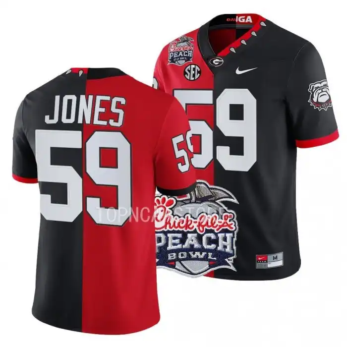 Broderick Jones Georgia Bulldogs Men's #59 2022 Peach Bowl Red College Split Black Football Jersey 2413IIOA0