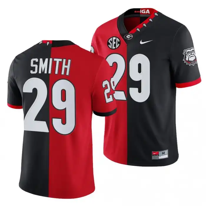 Christopher Smith Georgia Bulldogs Men's #29 2021-22 100th Anniversary Black College Split Edition Mascot Red Football Jersey 2413EKNK0