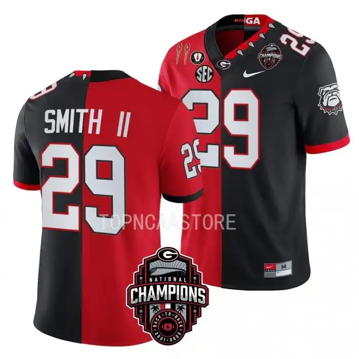 Christopher Smith Georgia Bulldogs Men's #29 Back-To-Back Red College 2X National Champions Black Split Football Jersey 2413ONKE8