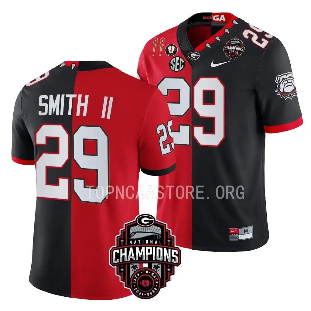 Christopher Smith Georgia Bulldogs Men's #29 Back-To-Back Red College 2X National Champions Black Split Football Jersey 2413UKLA8