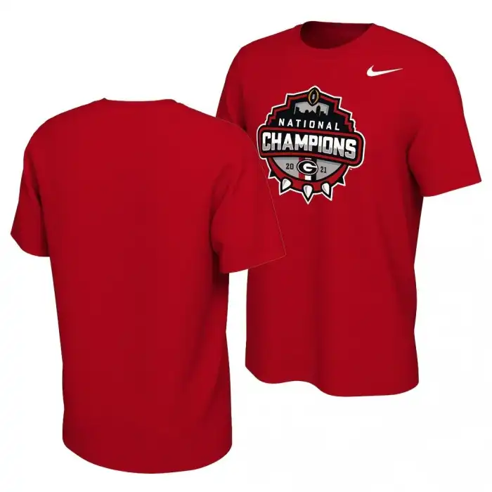 Georgia Bulldogs Men's 2021 National Champions Celebration Official Logo College CFP Red Football T-Shirt 2413JVAN2