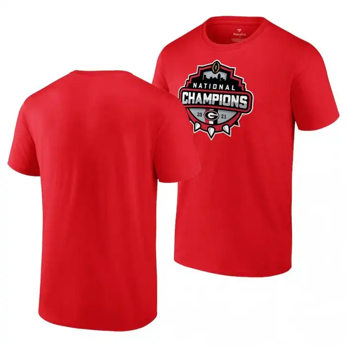 Georgia Bulldogs Men's 2021 National Champions Official Logo College CFP Red Football T-Shirt 2413DYTL6