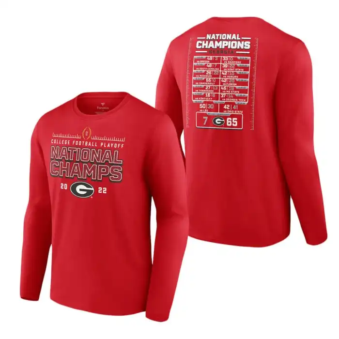 Georgia Bulldogs Men's Fanatics Branded 2022 National Champions Long Sleeve College Playoff Schedule Red Football T-Shirt 2413CDPA2