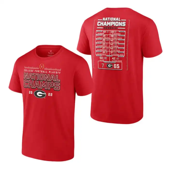 Georgia Bulldogs Men's Fanatics Branded 2022 National Champions Red College Playoff Schedule Football T-Shirt 2413FMIN3