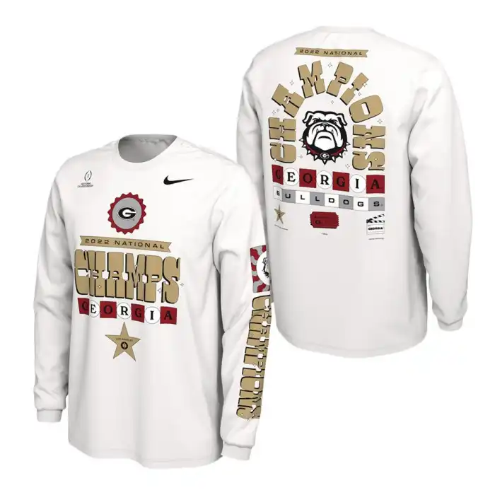 Georgia Bulldogs Men's Playoff Celebration White College 2022 National Champions Long Sleeve Football T-Shirt 2413GDMI6