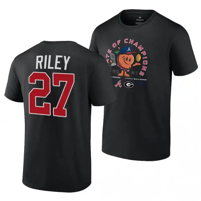 Georgia Bulldogs Men's x Atlanta Braves College Austin Riley 2021 State of Champions 27 Black Peach Football T-Shirt 2413SBQY3