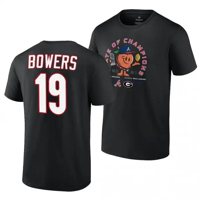 Georgia Bulldogs Men's x Atlanta Braves College Brock Bowers 2021 State of Champions 19 Black Peach Football T-Shirt 2413EFIH1