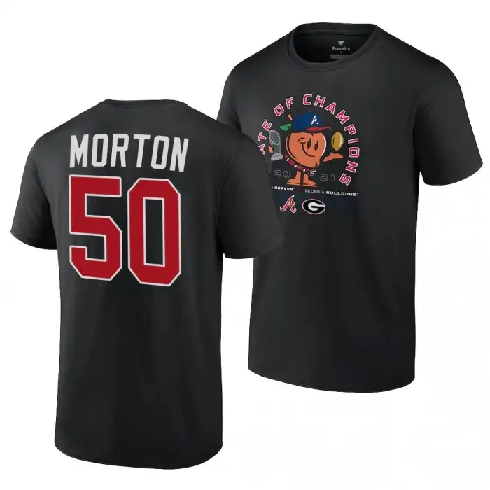 Georgia Bulldogs Men's x Atlanta Braves College Charlie Morton 2021 State of Champions 50 Black Peach Football T-Shirt 2413EYHX6