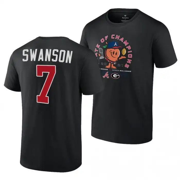 Georgia Bulldogs Men's x Atlanta Braves College Dansby Swanson 2021 State of Champions 7 Black Peach Football T-Shirt 2413PDHP2