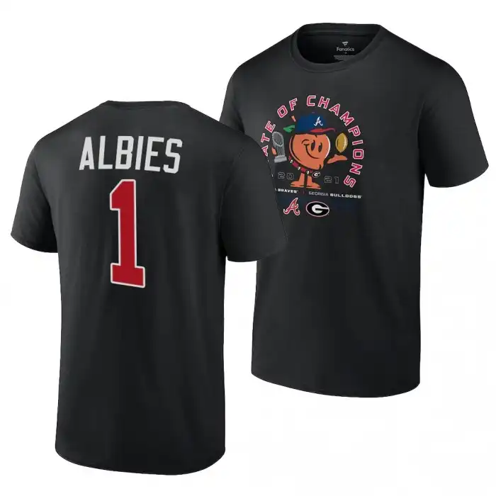 Georgia Bulldogs Men's x Atlanta Braves College Ozzie Albies 2021 State of Champions 1 Black Peach Football T-Shirt 2413LELI0