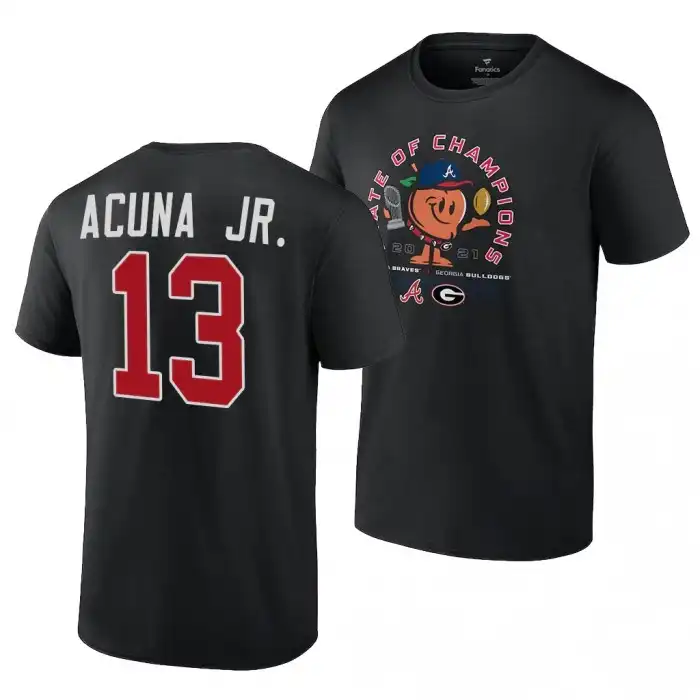 Georgia Bulldogs Men's x Atlanta Braves College Ronald Acuna Jr. 2021 State of Champions 13 Black Peach Football T-Shirt 2413PDAO6