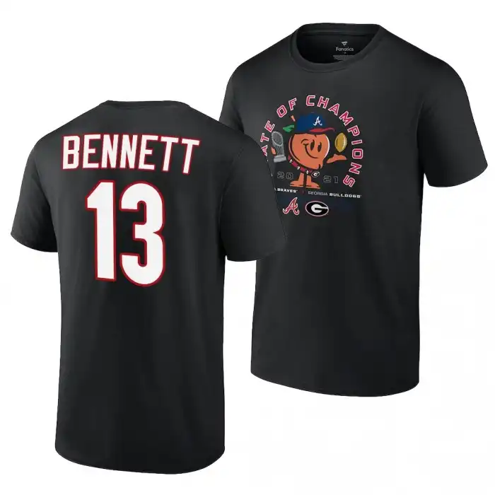 Georgia Bulldogs Men's x Atlanta Braves College Stetson Bennett 2021 State of Champions 13 Black Peach Football T-Shirt 2413GBIM8