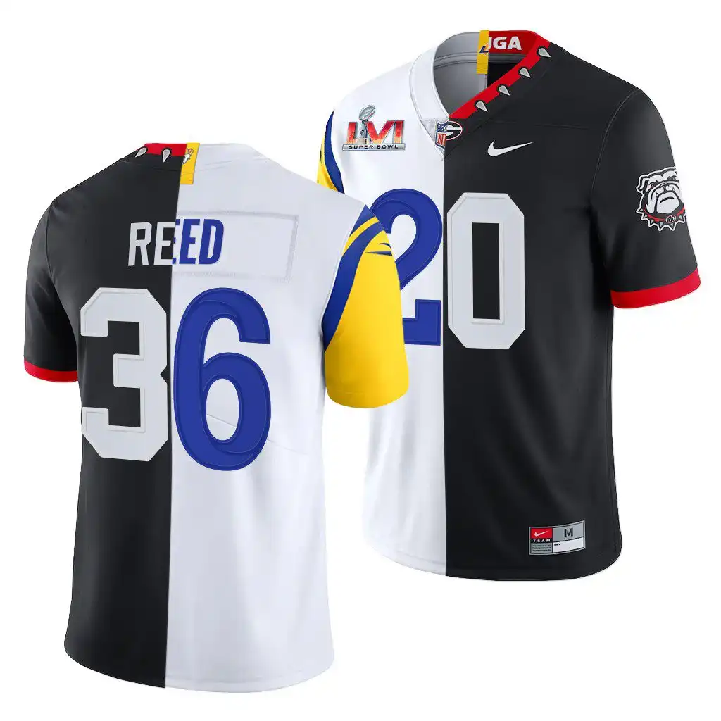 J.R. Reed Georgia Bulldogs Men's #20 Super Bowl Black Dual Teams Split College LVI X LA Rams White Football Jersey 2413HJHB3