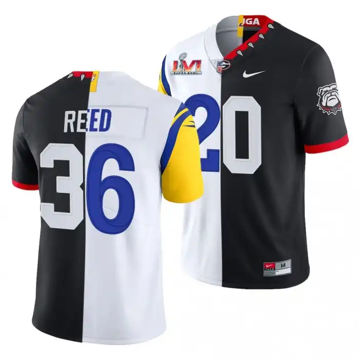 J.R. Reed Georgia Bulldogs Men's #20 Super Bowl Black Dual Teams Split College LVI X LA Rams White Football Jersey 2413SXRX0