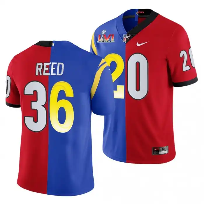 J.R. Reed Georgia Bulldogs Men's #20 Super Bowl Red Dual Teams Split College LVI X LA Rams Royal Football Jersey 2413OWOB8