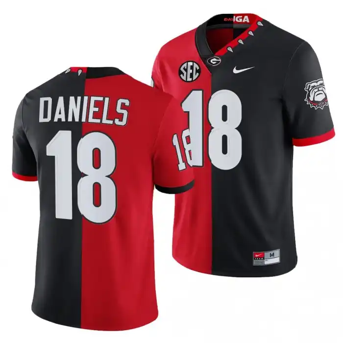 JT Daniels Georgia Bulldogs Men's #18 2021-22 100th Anniversary Black College Split Edition Mascot Red Football Jersey 2413WBOB6