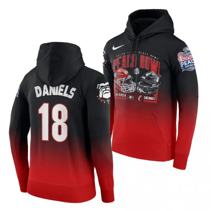 JT Daniels Georgia Bulldogs Men's #18 2021 Peach Bowl Red College Gradient Football Hoodie 2413IFFD4