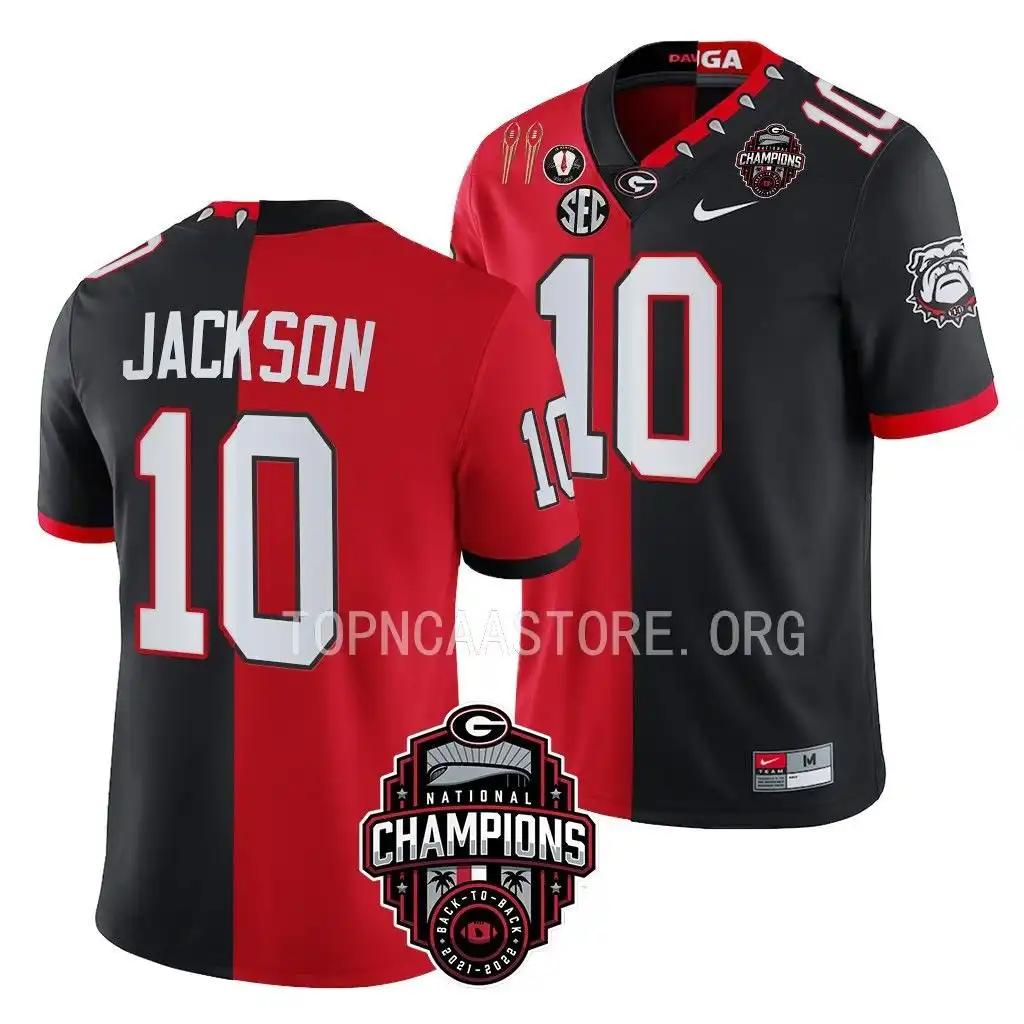 Kearis Jackson Georgia Bulldogs Men's #10 Back-To-Back Red College 2X National Champions Black Split Football Jersey 2413KLBY1