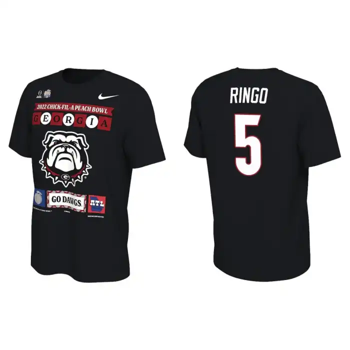 Kelee Ringo Georgia Bulldogs Men's #5 Black 2022 Peach Bowl College Playoff Illustrated Football T-Shirt 2413OHQT4