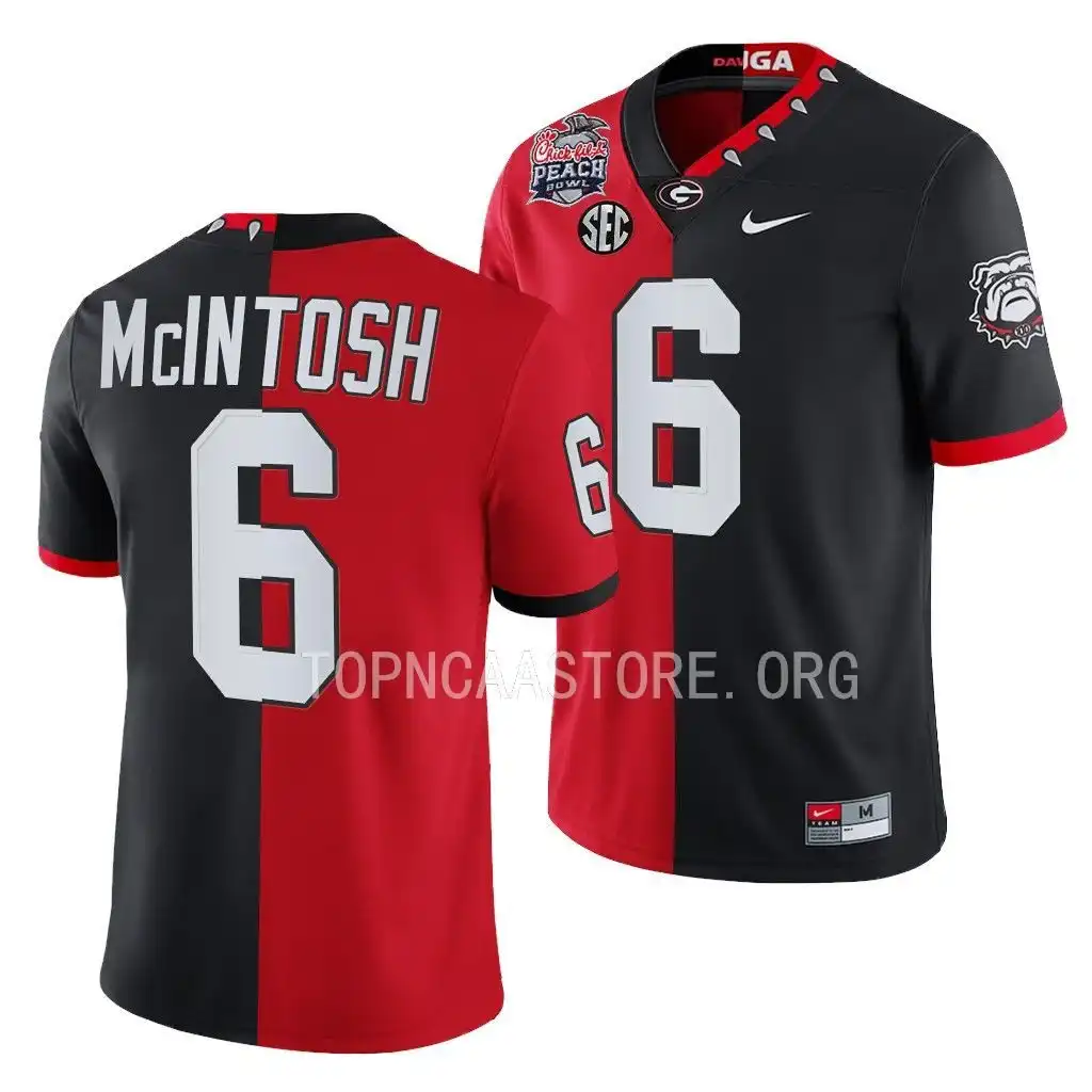 Kenny McIntosh Georgia Bulldogs Men's #6 2022 Peach Bowl Red College Split Black Football Jersey 2413UOVL4