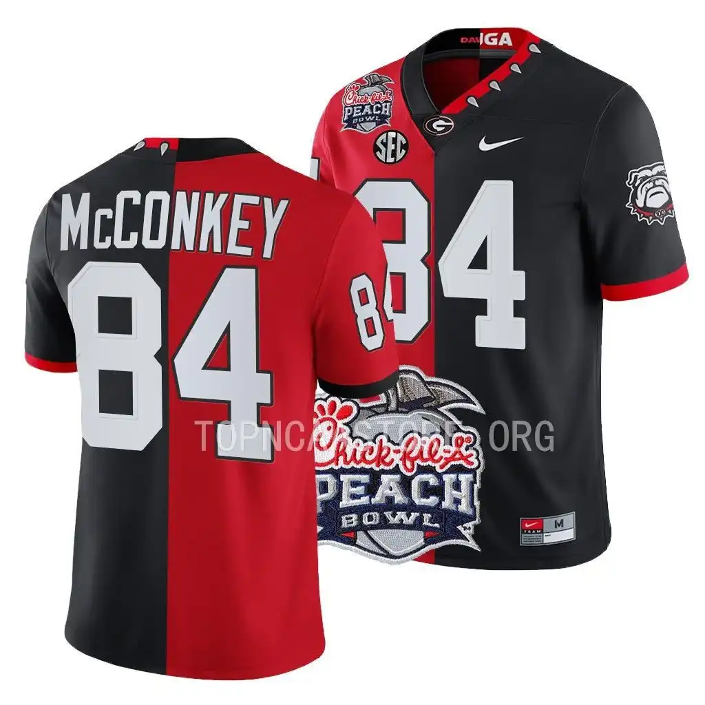 Ladd McConkey Georgia Bulldogs Men's #84 2022 Peach Bowl Red College Split Black Football Jersey 2413DOTJ1