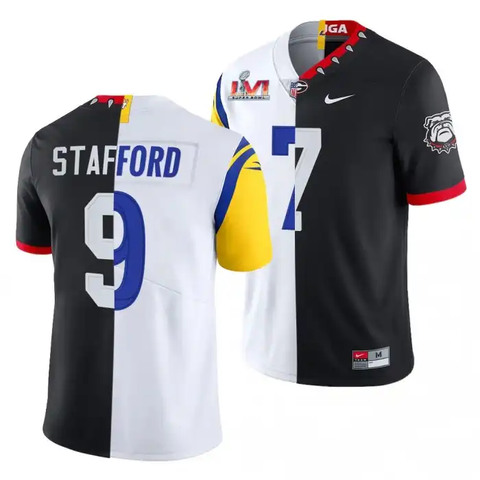 Matthew Stafford Georgia Bulldogs Men's #7 Super Bowl Black Dual Teams Split College LVI X LA Rams White Football Jersey 2413JWVM8