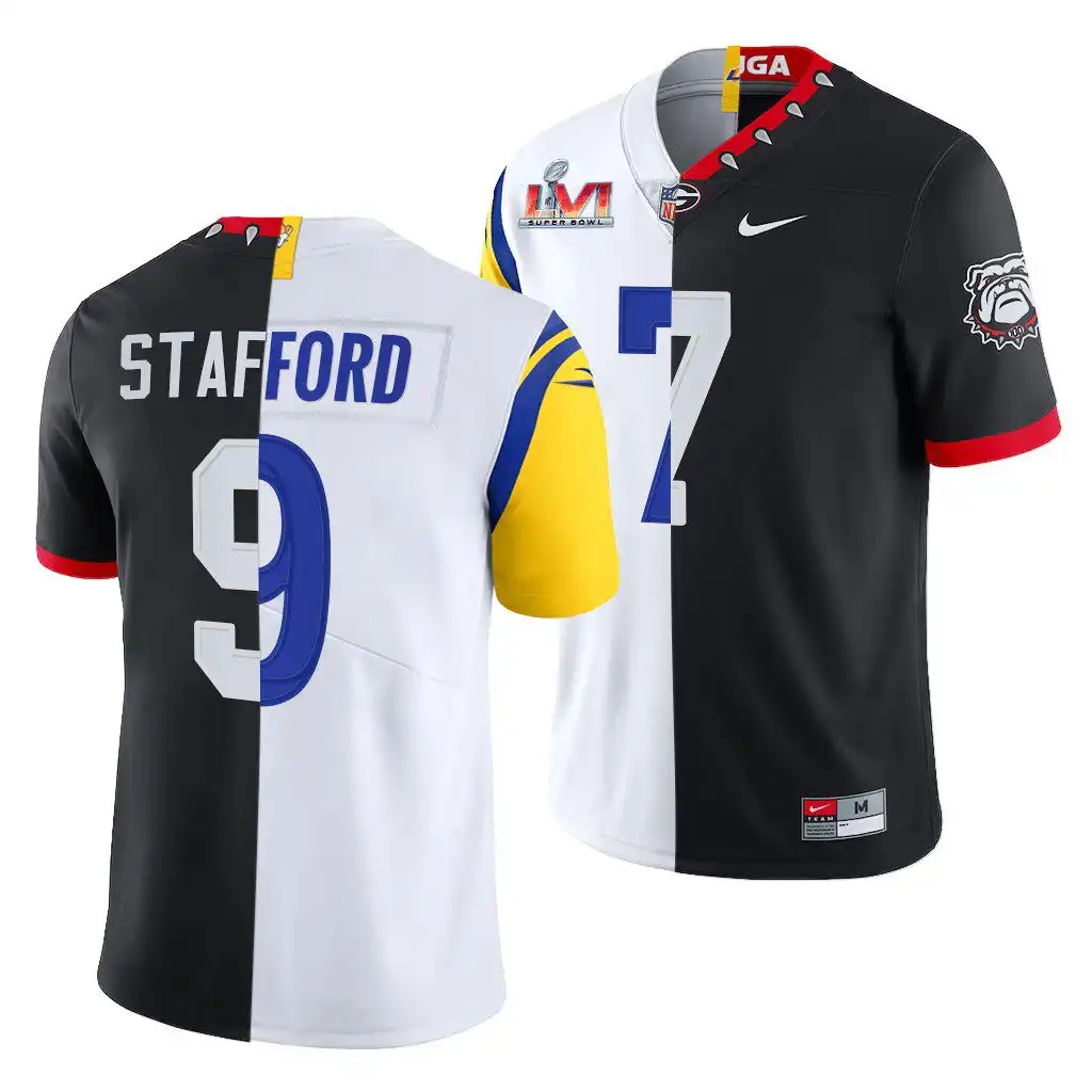 Matthew Stafford Georgia Bulldogs Men's #7 Super Bowl Black Dual Teams Split College LVI X LA Rams White Football Jersey 2413VARJ8