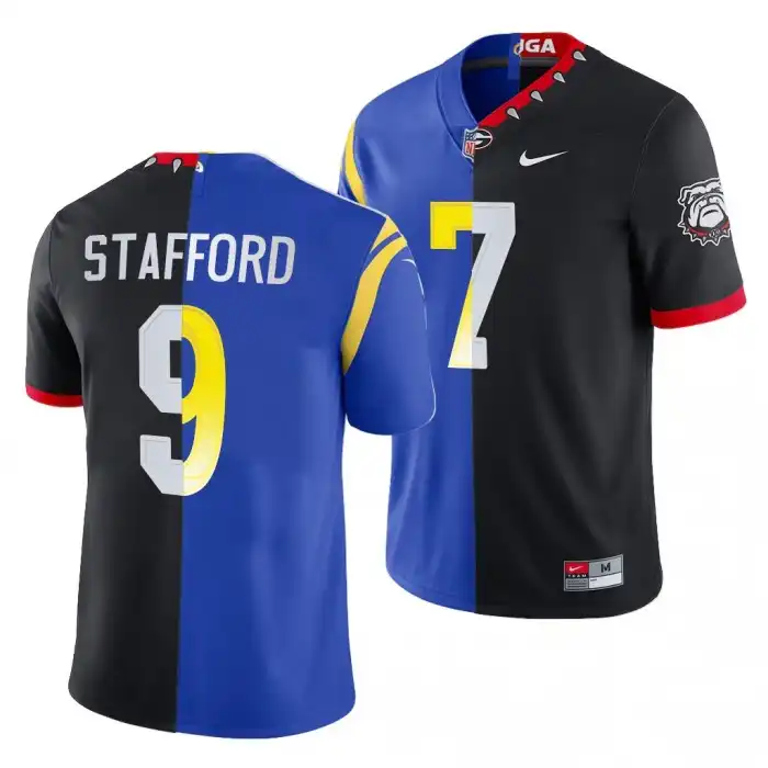 Matthew Stafford Georgia Bulldogs Men's #7 Super Bowl Black Royal College LVI X LA Rams Dual Teams Split Football Jersey 2413JKLK0