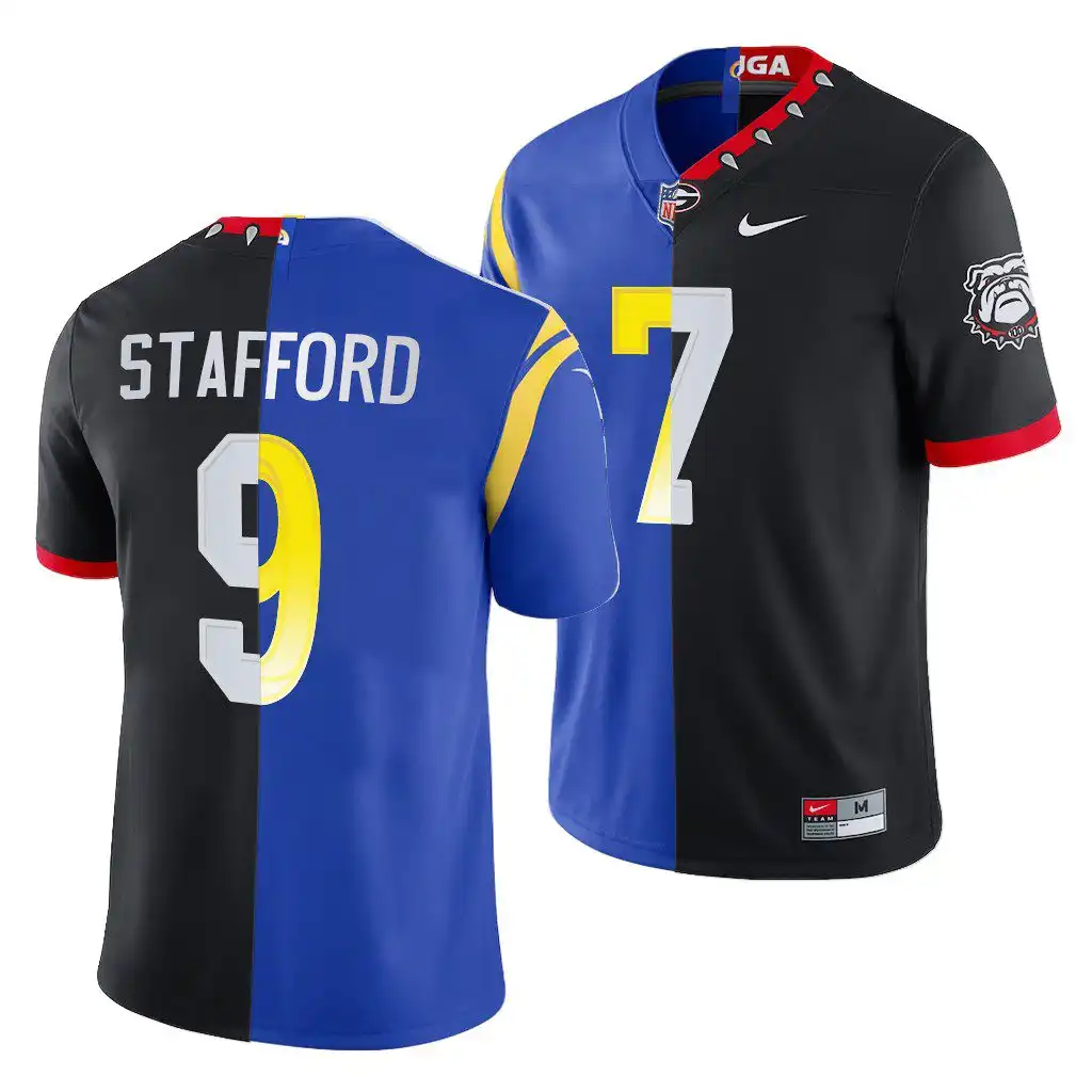 Matthew Stafford Georgia Bulldogs Men's #7 Super Bowl Black Royal College LVI X LA Rams Dual Teams Split Football Jersey 2413TDCT7