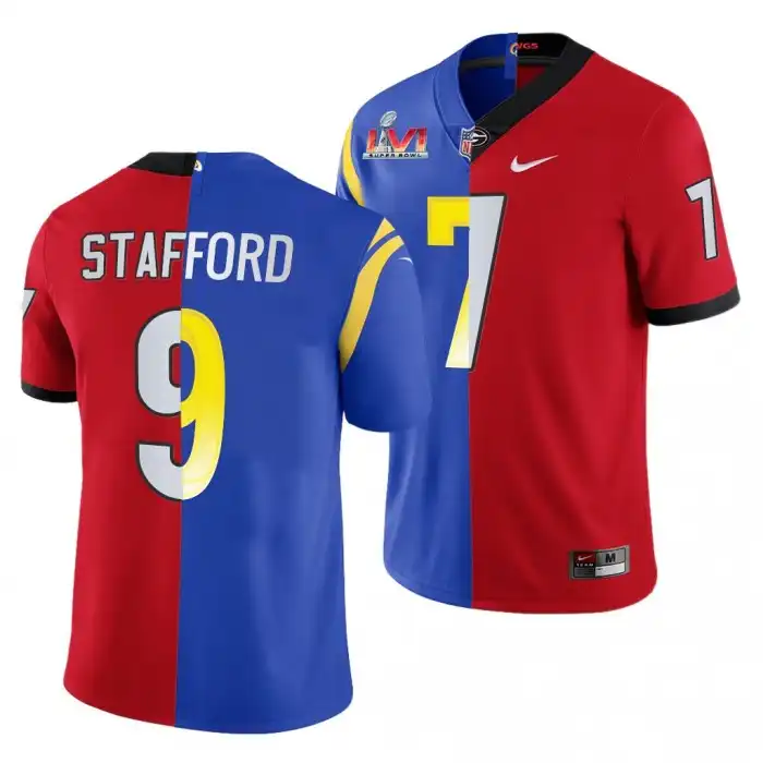 Matthew Stafford Georgia Bulldogs Men's #7 Super Bowl Red Dual Teams Split College LVI X LA Rams Royal Football Jersey 2413OOFD3