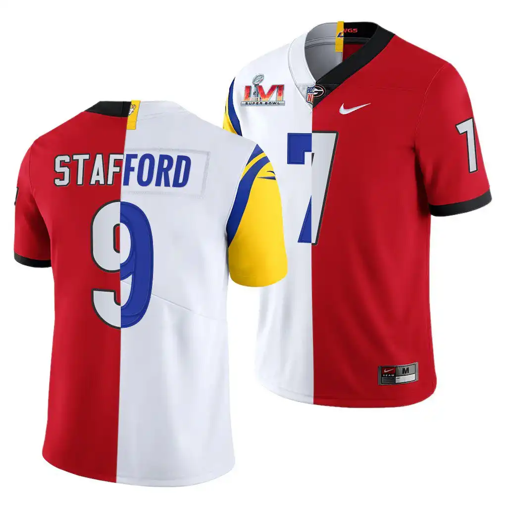 Matthew Stafford Georgia Bulldogs Men's #7 Super Bowl Red Dual Teams Split College LVI X LA Rams White Football Jersey 2413DOXB1