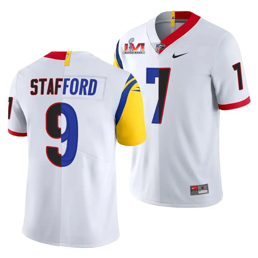 Matthew Stafford Georgia Bulldogs Men's #7 Super Bowl White College LVI X LA Rams Dual Teams Split Football Jersey 2413YEGD6