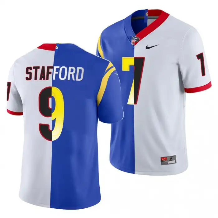 Matthew Stafford Georgia Bulldogs Men's #7 Super Bowl White Dual Teams Split College LVI X LA Rams Royal Football Jersey 2413CILO6