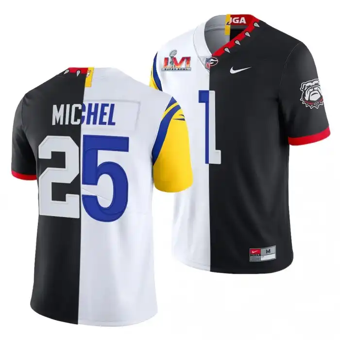 Sony Michel Georgia Bulldogs Men's #1 Super Bowl Black Dual Teams Split College LVI X LA Rams White Football Jersey 2413AKTU2