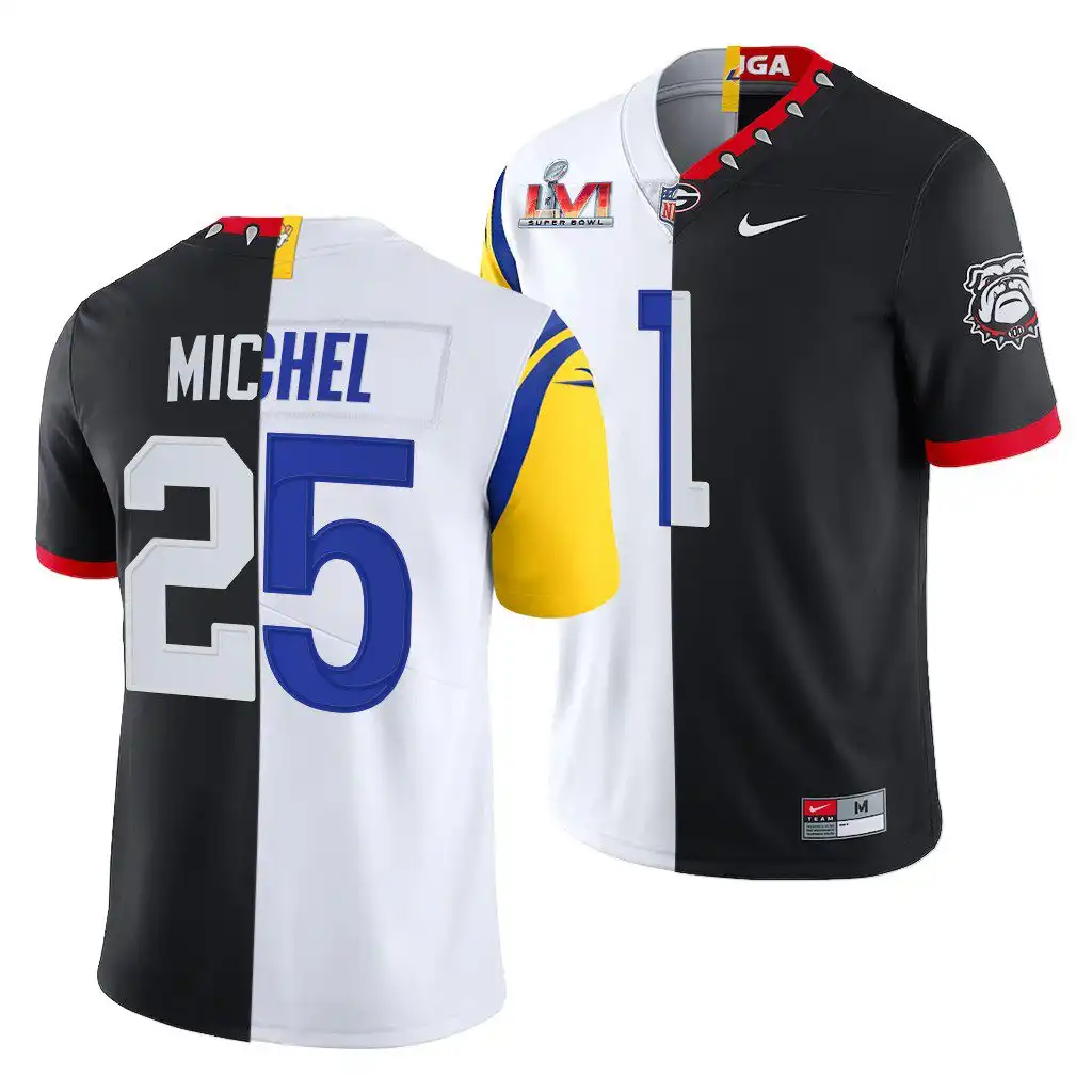 Sony Michel Georgia Bulldogs Men's #1 Super Bowl Black Dual Teams Split College LVI X LA Rams White Football Jersey 2413YZUY1