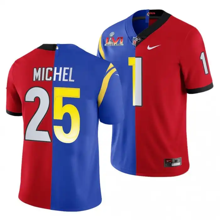 Sony Michel Georgia Bulldogs Men's #1 Super Bowl Red Dual Teams Split College LVI X LA Rams Royal Football Jersey 2413STYJ6