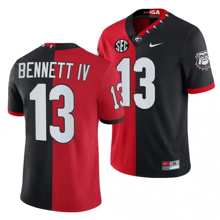 Stetson Bennett Georgia Bulldogs Men's #13 2021-22 100th Anniversary Black College Split Edition Mascot Red Football Jersey 2413XBLC2