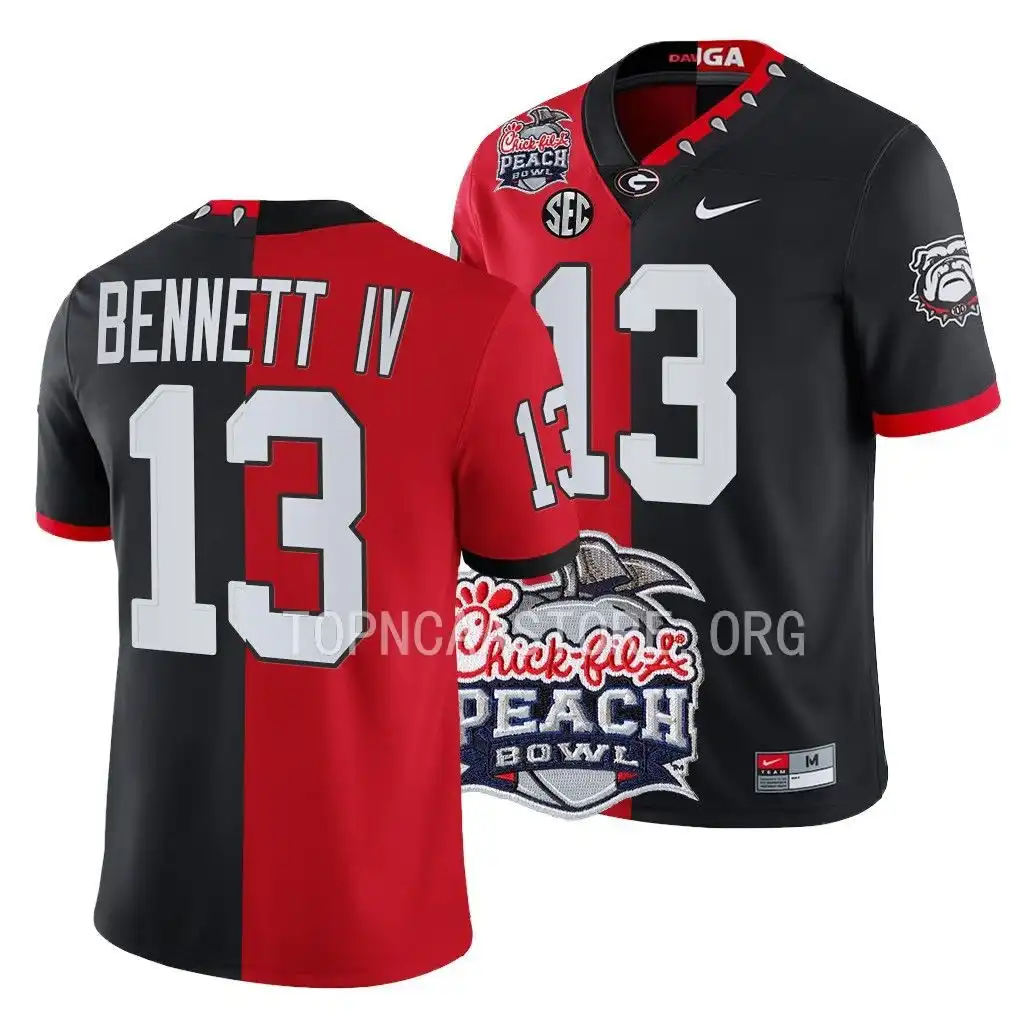 Stetson Bennett Georgia Bulldogs Men's #13 2022 Peach Bowl Red College Split Black Football Jersey 2413YYLU3