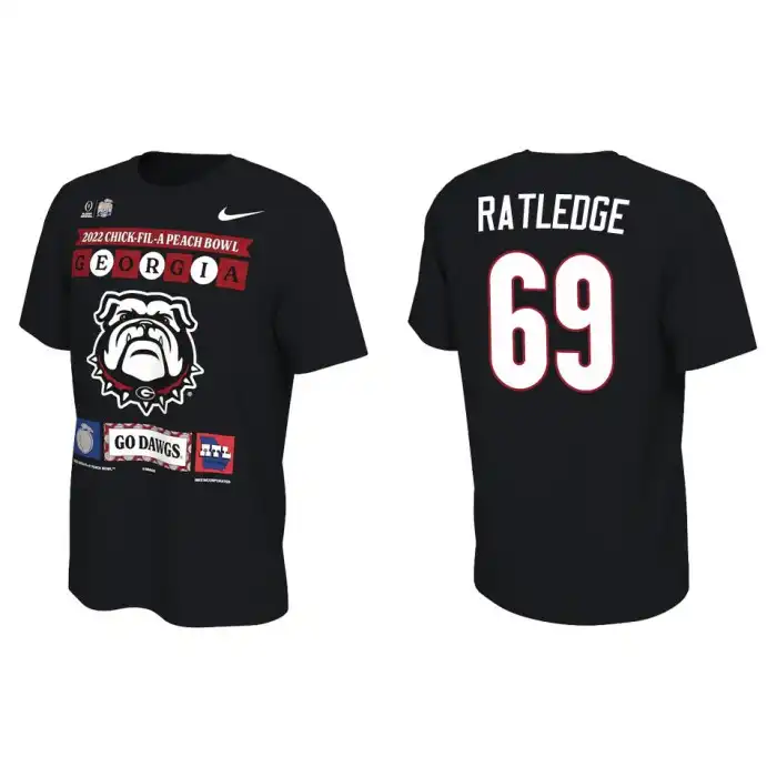 Tate Ratledge Georgia Bulldogs Men's #69 Black 2022 Peach Bowl College Playoff Illustrated Football T-Shirt 2413ZFWD5